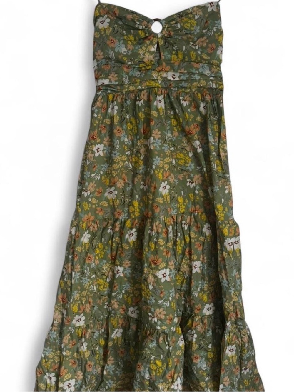Vici Olive Green Floral Strapless Tiered Maxi Skirt